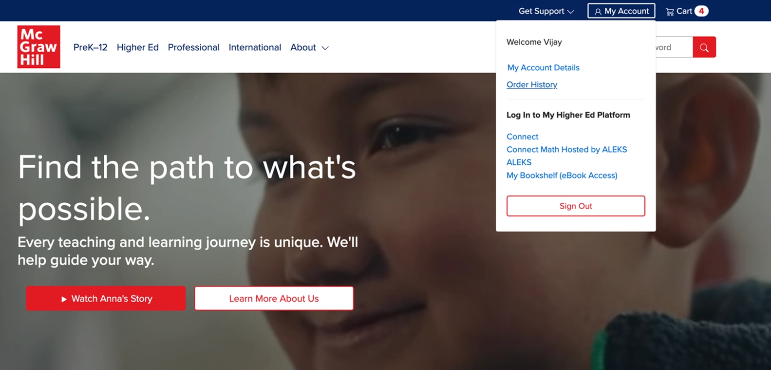 Screenshot of McGraw Hill website showing logged in user selecting My Account button from the top nav bar.