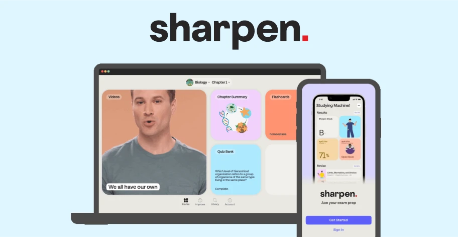 Laptop with a screenshot of Sharpen a college study app for exam prep.