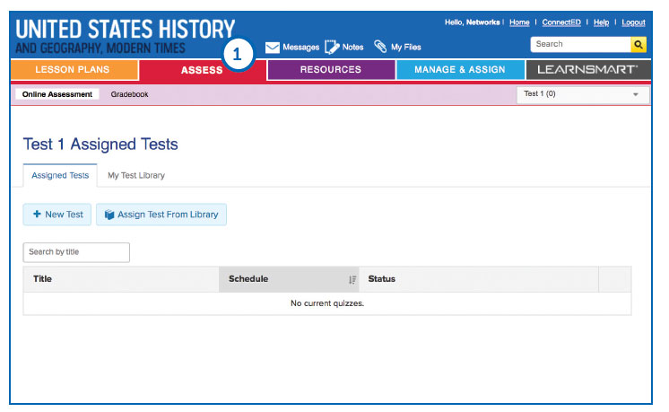 screenshot showing assigned tests in lesson plans