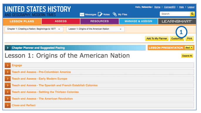 Screenshot of lecture notes for Unites States History and Geography Modern Times, Lesson 1: Origina of the Amerian Nation
