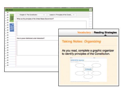 Two screenshots of students center shows a vocabulary pop-up and graphic organizer