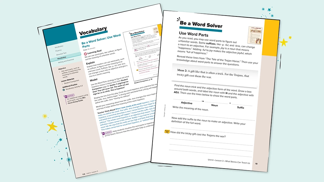 A vocabulary page from the Teacher’s Edition beside a page on word parts from the Student Companion. 