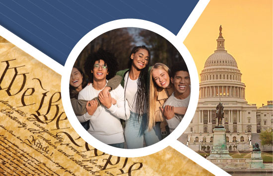 Collage of students, the capital, and the declaration of independance