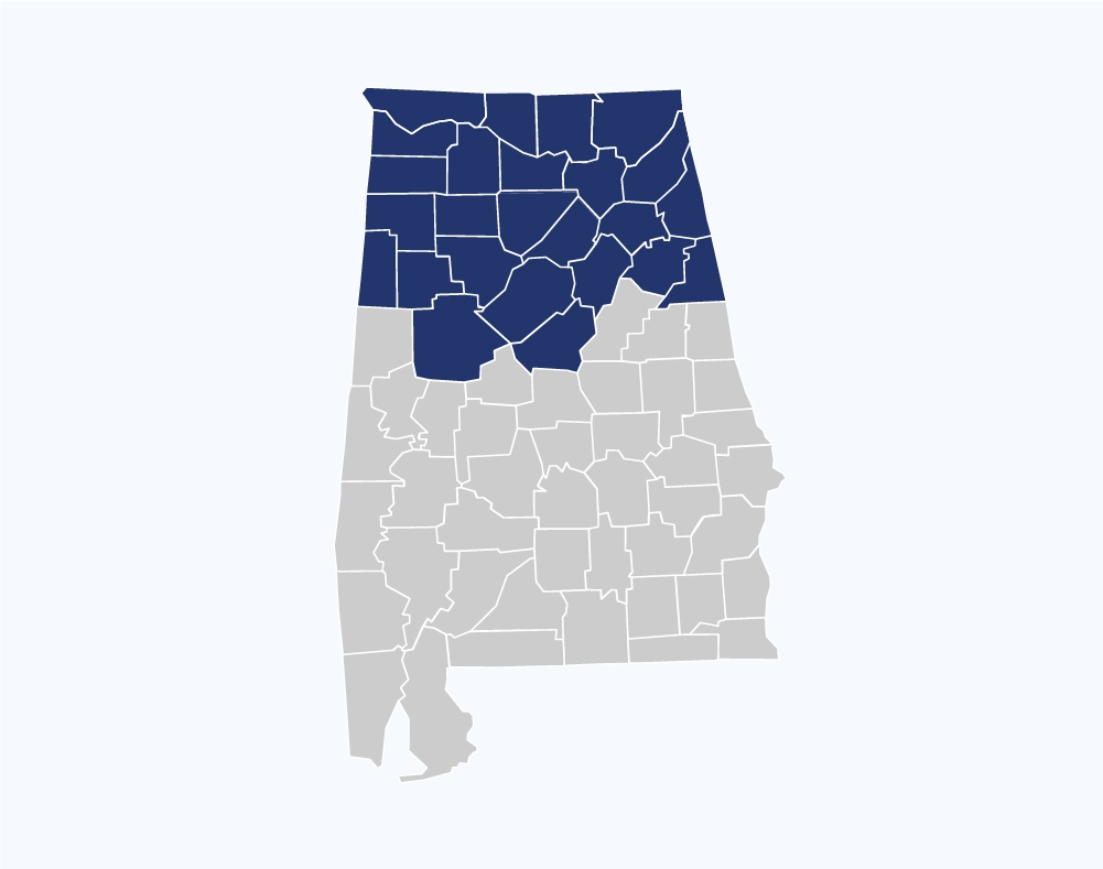A map of Alabama highlighting the northern towns and cities covered by Tracy Elliott.