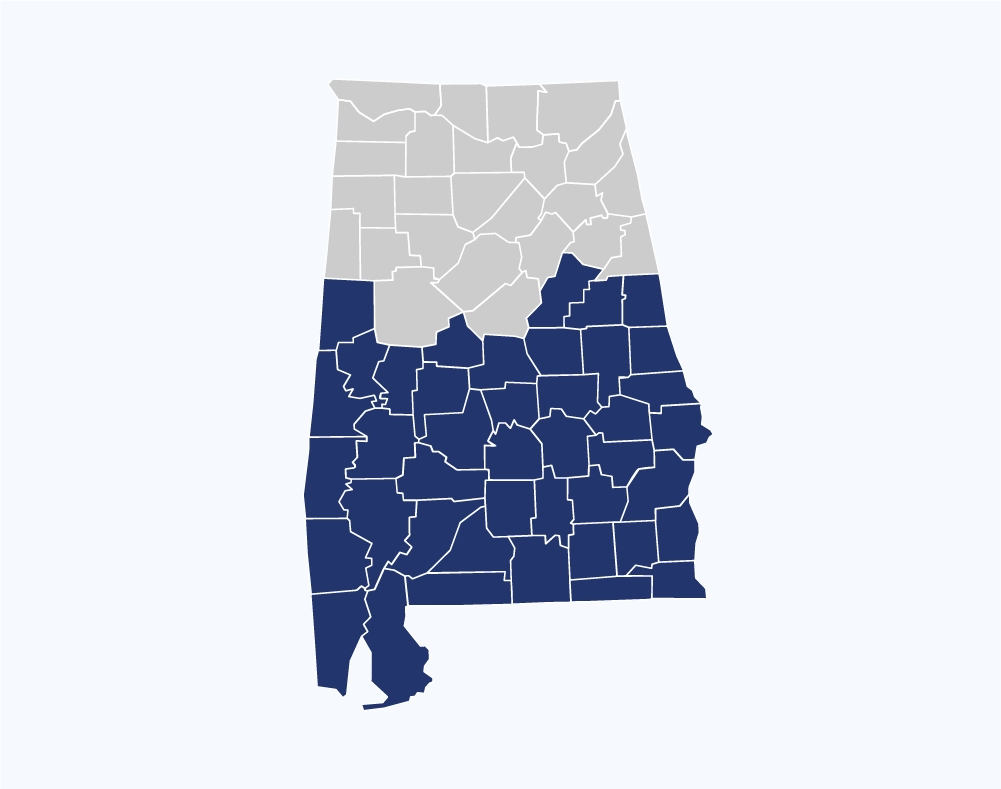 A map of Alabama highlighting the southern towns and cities covered by Corrie Carroll.