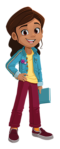 Cartoon image of young happy learner with a book on hand